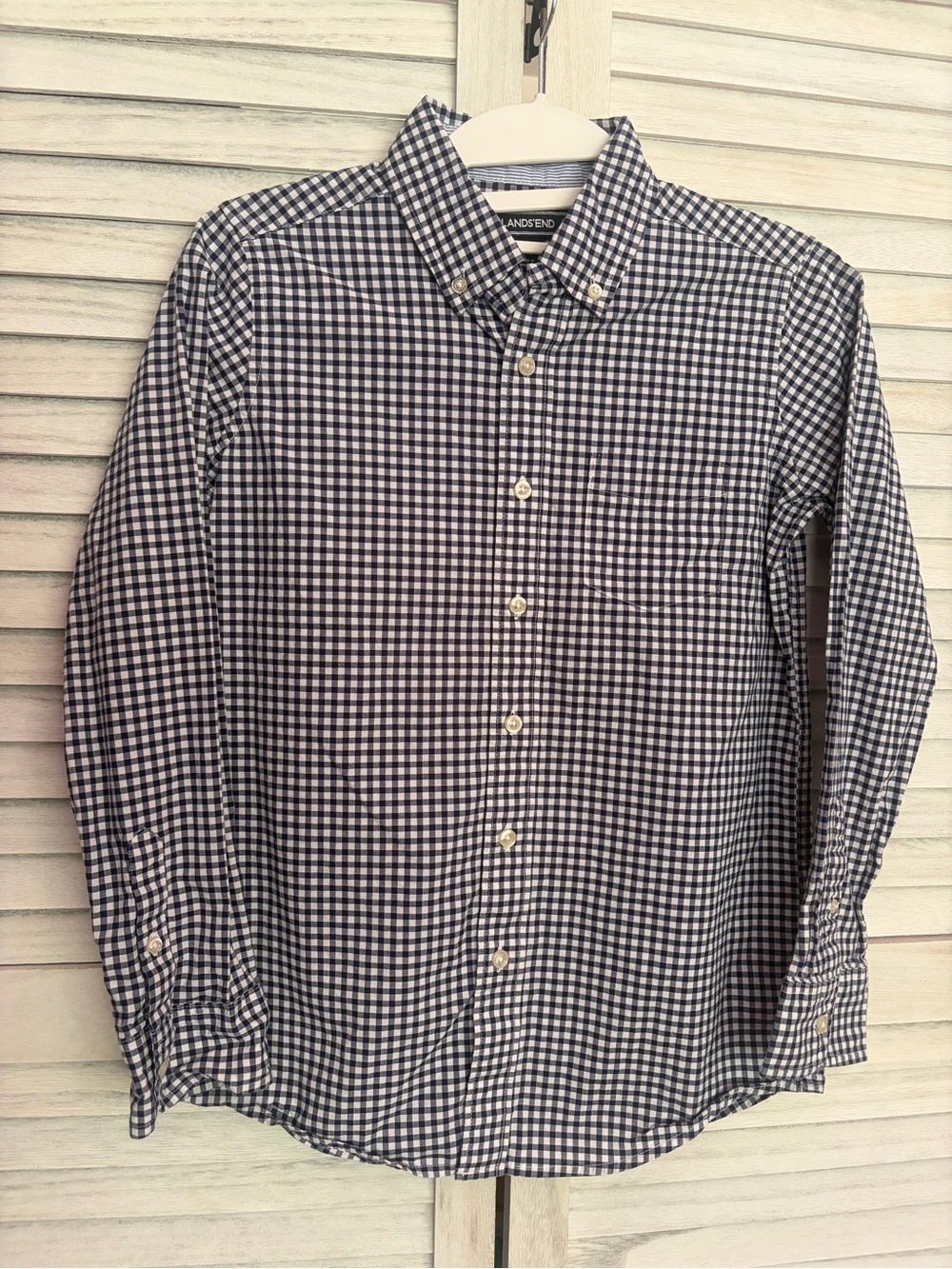 Lands' End Men's Navy and White Gingham Button-Down Shirt